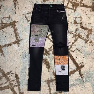 NWT Amiri Bandana Art Patch Jeans Size 36x34 Aged Black Designer AUTHENTIC